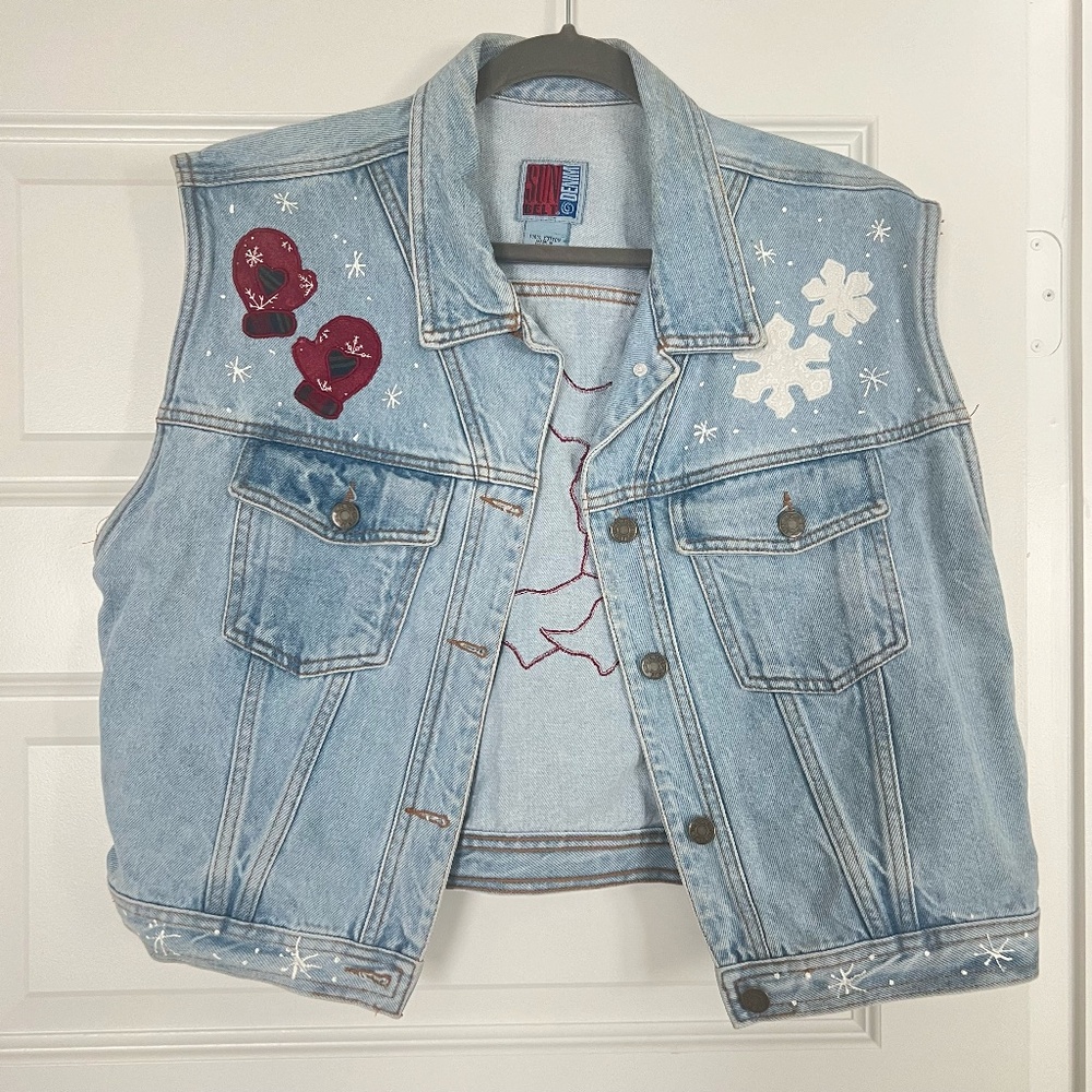 Vintage Snowman Snowflake Christmas Sun Belt Denim Sleeveless Vest